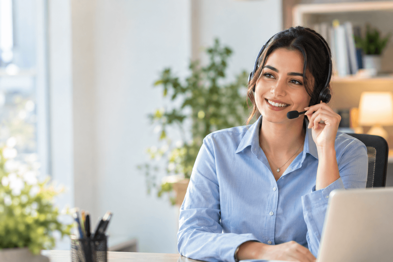 Friendly support coordinator on a call at her desk