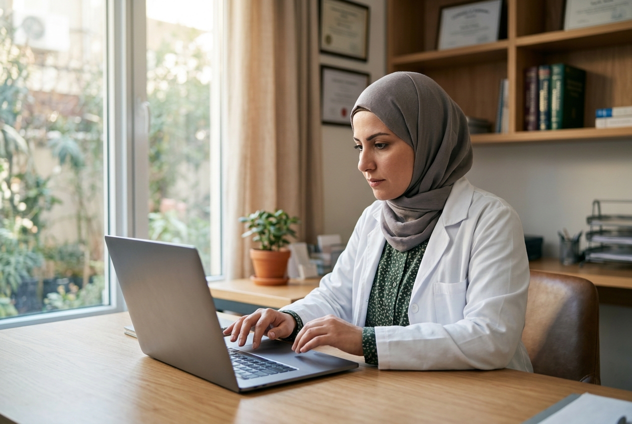 Doctor working on her laptop, building her professional digital profile