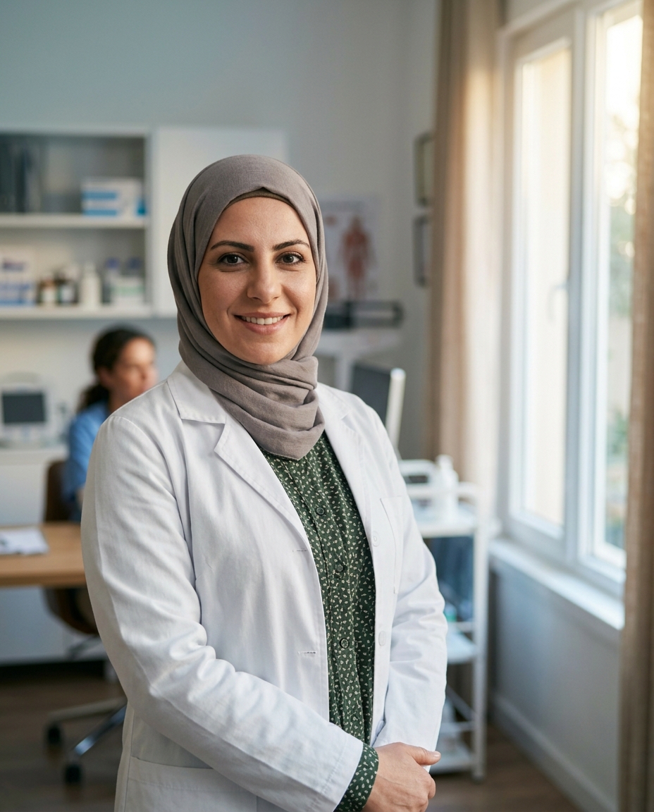 Confident Iraqi doctor standing in a well-organized clinic
